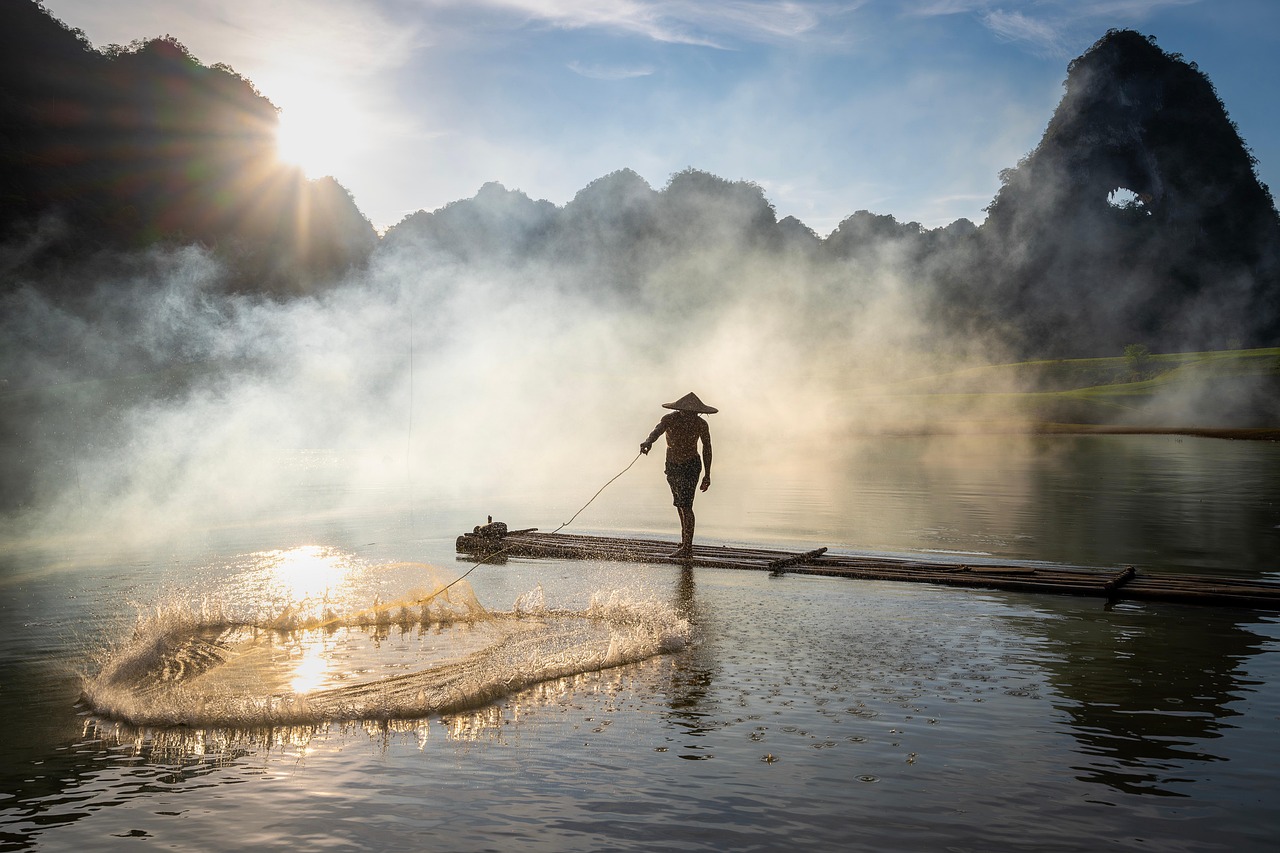about-us-01 fishing, vietnam, fisherman, province, cao bang, lifestyle, daylight, life, nature, sky, water, mist, fog, sunlight